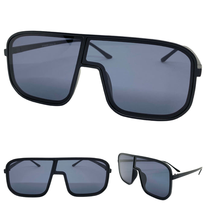 Oversized Modern Retro Shield Style SUNGLASSES Large Black Frame 58598