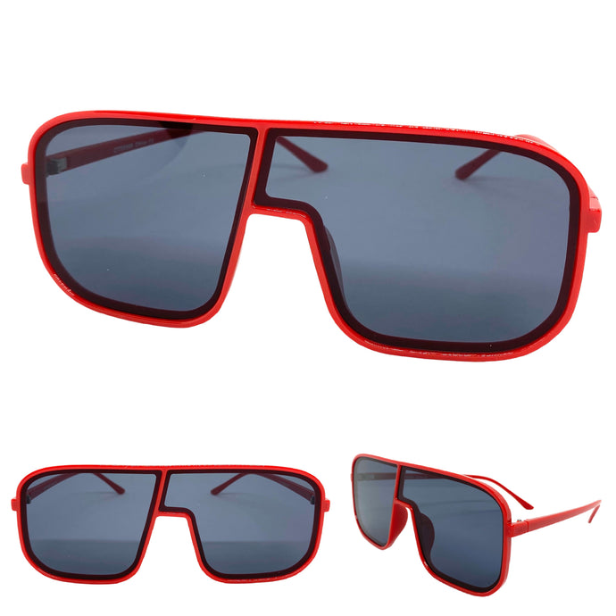 Oversized Modern Retro Shield Style SUNGLASSES Large Red Frame 58598