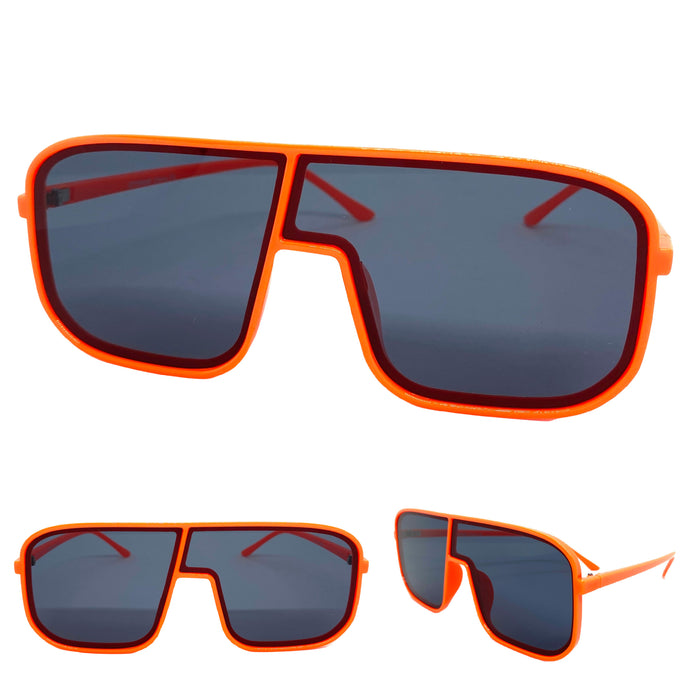Oversized Modern Retro Shield Style SUNGLASSES Large Neon Orange Frame 58598