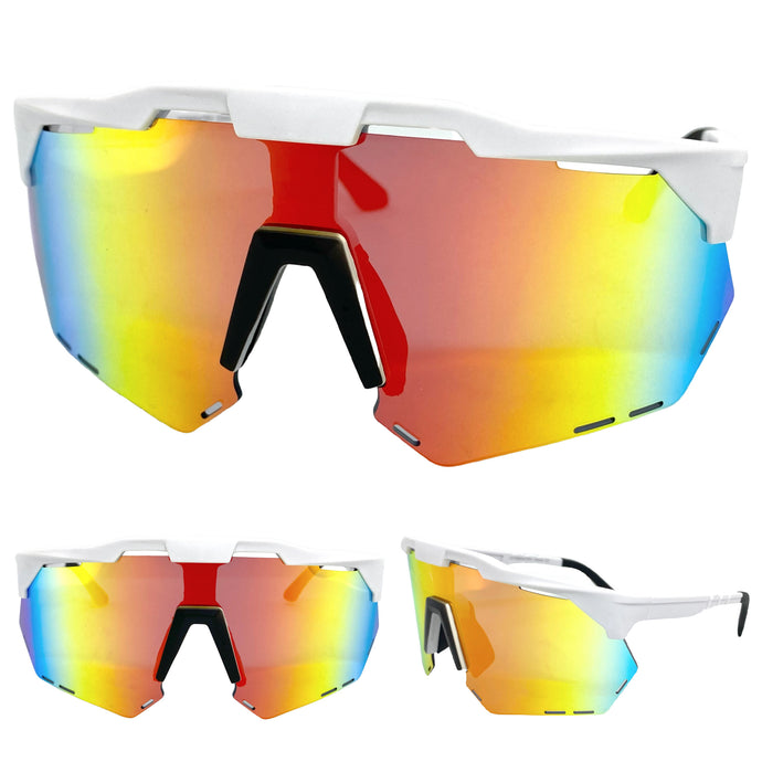 Oversized Retro Sporty Wrap Around Style SUNGLASSES Large White Frame 58934