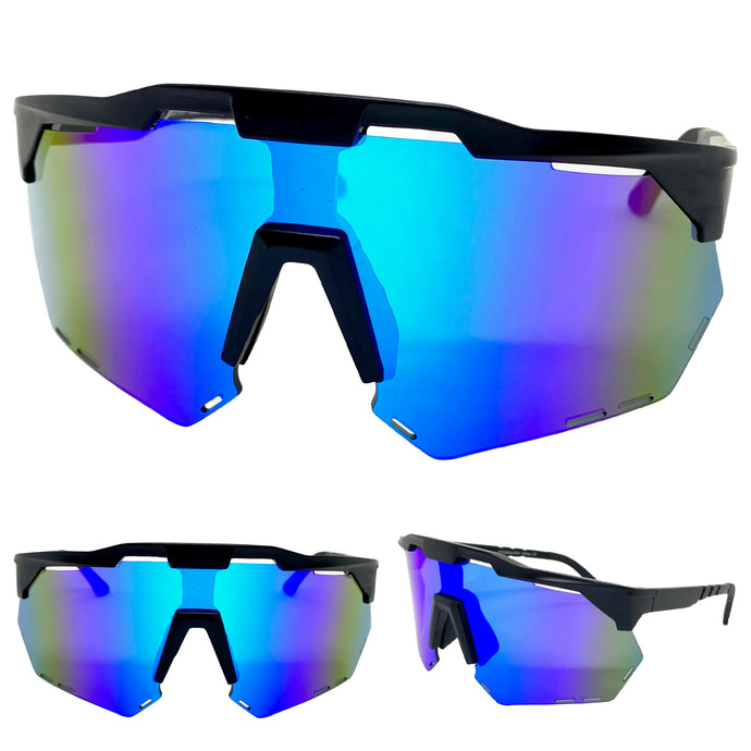 Oversized Retro Sporty Wrap Around Style SUNGLASSES Large Black Frame 58934