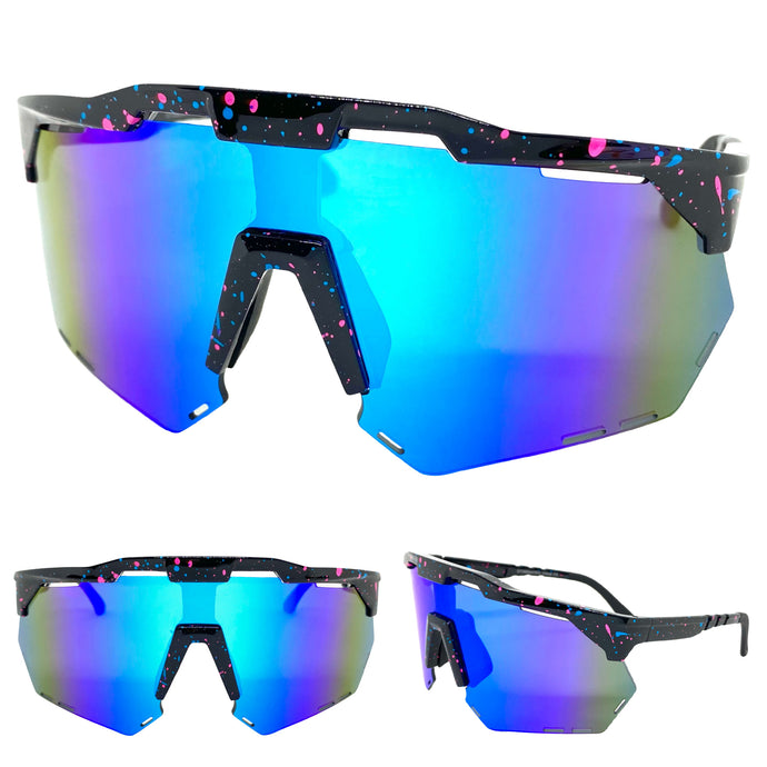 Oversized Retro Sporty Wrap Around Style SUNGLASSES Large Black Frame 58934