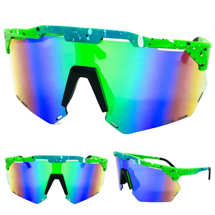 Oversized Retro Sporty Wrap Around Style SUNGLASSES Large Neon Green Frame 58934