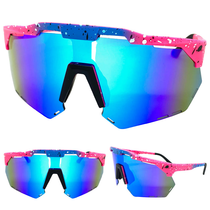 Oversized Retro Sporty Wrap Around Style SUNGLASSES Large Pink Frame 58934