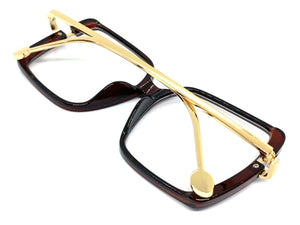 Classic Vintage Retro Style Clear Lens EYEGLASSES Square Brown & Gold Frame 89380