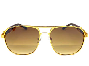Men's Classy Elegant Luxury Retro Hip Hop Aviator Style SUNGLASSES Gold & Faux Wooden Frame E0853