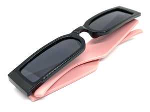 Futuristic Modern Retro Style SUNGLASSES Thin Rectangular Black & Pink Frame 80217