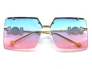 Ladies Classy Oversized Vintage Retro Style SUNGLASSES Gold Frame Bue & Pink Lens 7834
