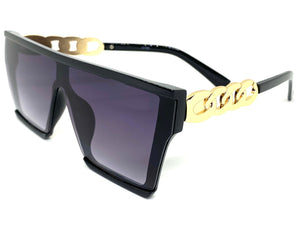 Ladies Contemporary Modern Shield Style SUNGLASSES Large Black & Gold Frame 5190