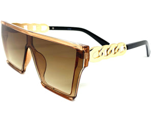 Ladies Contemporary Modern Shield Style SUNGLASSES Large Brown & Gold Frame 5190
