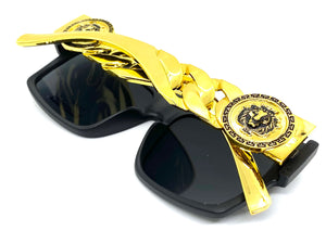 Oversized Retro Hardcore Hip Hop Style SUNGLASSES Matte Black Frame with Gold Chain Link Temples 5345