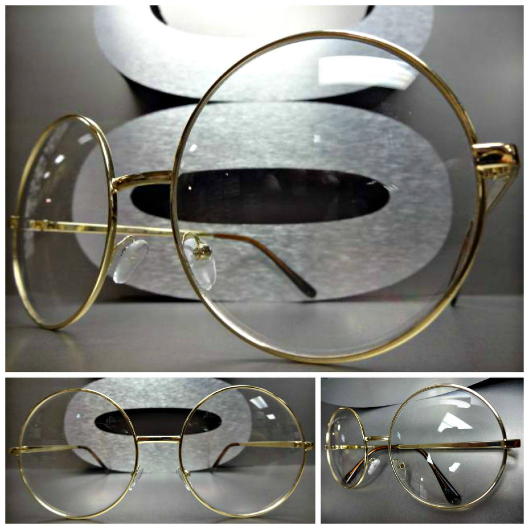 Oversized Round Clear Lens Glasses- Gold
