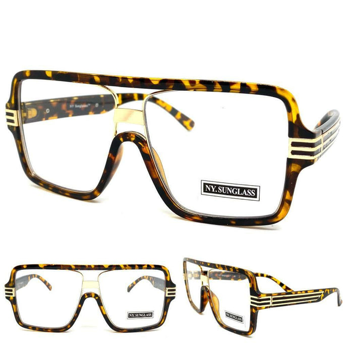 Oversized Vintage Retro Hip Hop Style Clear Lens EYEGLASSES Large Tortoise & Gold Frame 9884