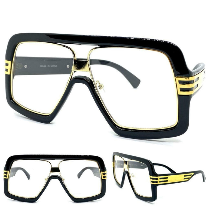 Oversized Vintage Retro Hip Hop Style Clear Lens EYEGLASSES Large Black & Gold Frame 86420