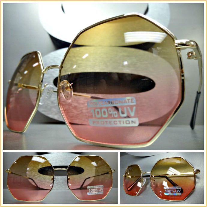 Metal Hexagon Frame Sunglasses- Brown & Pink Lens