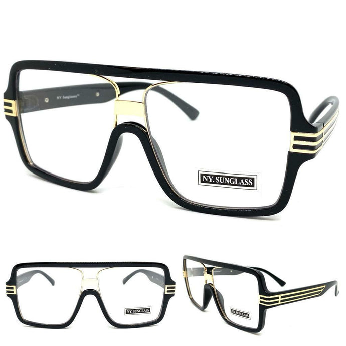 Oversized Vintage Retro Hip Hop Style Clear Lens EYEGLASSES Large Black & Gold Frame 9884