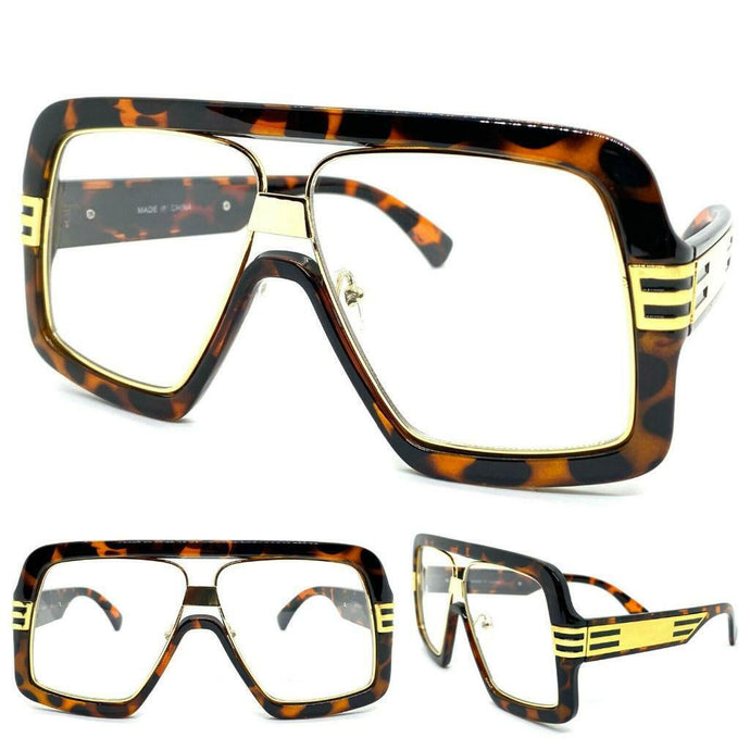 Oversized Vintage Retro Hip Hop Style Clear Lens EYEGLASSES Large Tortoise & Gold Frame 86420